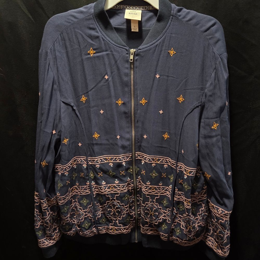 Boho Chic Embroidered Floral Light Rayon Bomber Jacket Knox Rose Women's SZ L